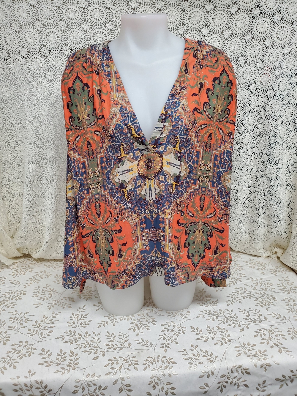 Free People Orange Multi Printed V-Neck Boho Blouse Large